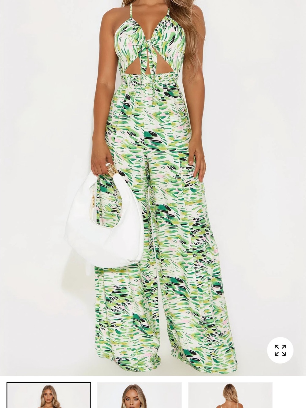 Fashion Nova Green Leaf Print Cutout Tie-Front Wide-Leg Jumpsuit